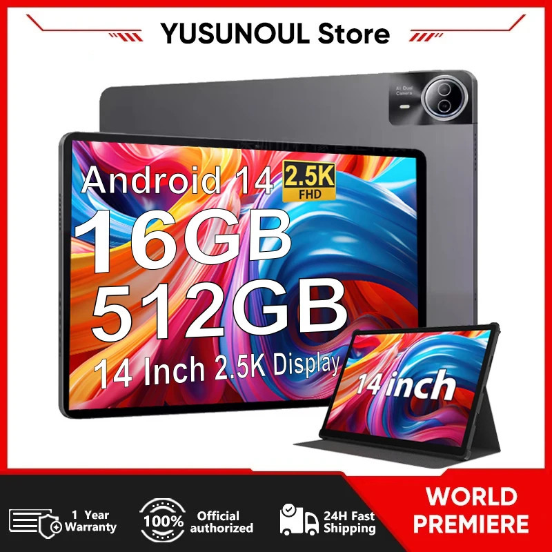 Eng yangi 14 dyuymli katta ekranli planshet kompyuter Android 14 planshet 16+512 GB telefon qo'ng'irog'i BT 5G Wifi paneli o'qish/nota musiqasi/oshxona uchun