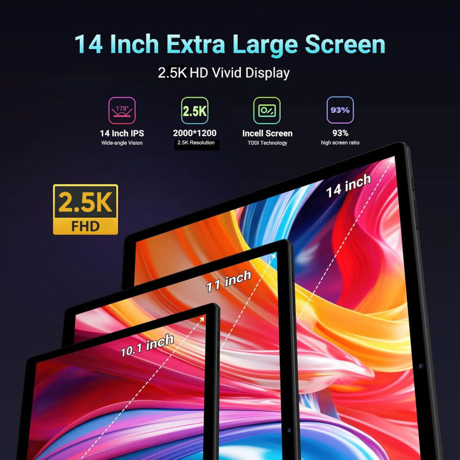 Eng yangi 14 dyuymli katta ekranli planshet kompyuter Android 14 planshet 16+512 GB telefon qo'ng'irog'i BT 5G Wifi paneli o'qish/nota musiqasi/oshxona uchun