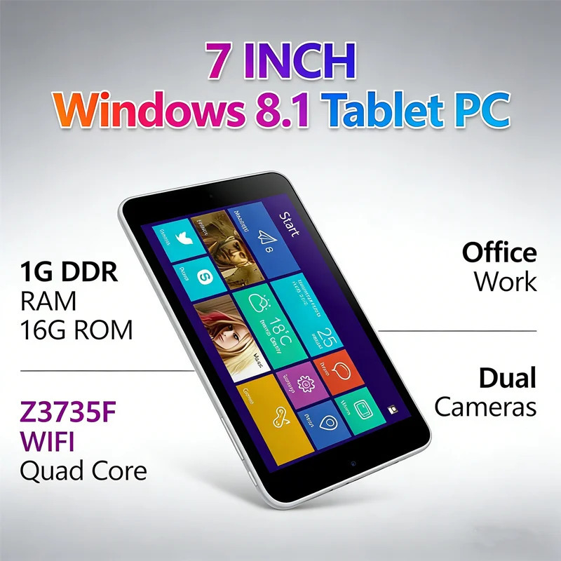 Планшетный ПК 7 дюймов, 32-битный, Windows 8.1, процессор Z3735F, 1 ГБ DDR RAM, 16 ГБ ROM, Wi-Fi, четырехъядерный, для офисной работы, с двумя камерами