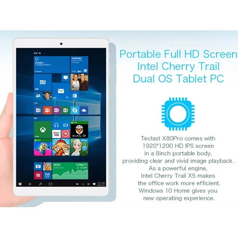 8 dyuymli 2GB RAM 32GB ROM planshet kompyuter X80 Windows 10 X5-Z8350 CPU 1920 X 1200 IPS ekranli WIFI toʻrt yadroli protsessor