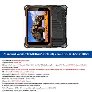 Прочный планшетный ПК Android 12, 6 ГБ ОЗУ, 128 ГБ ПЗУ, промышленный компьютер, планшетный телефон, 10000 мАч, IP68, водонепроницаемый, 8-дюймовый сенсорный экран черный