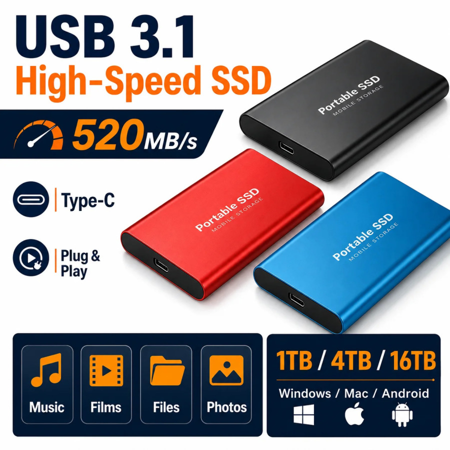 Kompyuter/MAC/noutbuk/telefon uchun tashqi qattiq holatdagi yangi 1TB portativ SSD 2TB yuqori sig‘imli HDD USB3.1 tashqi qattiq disk