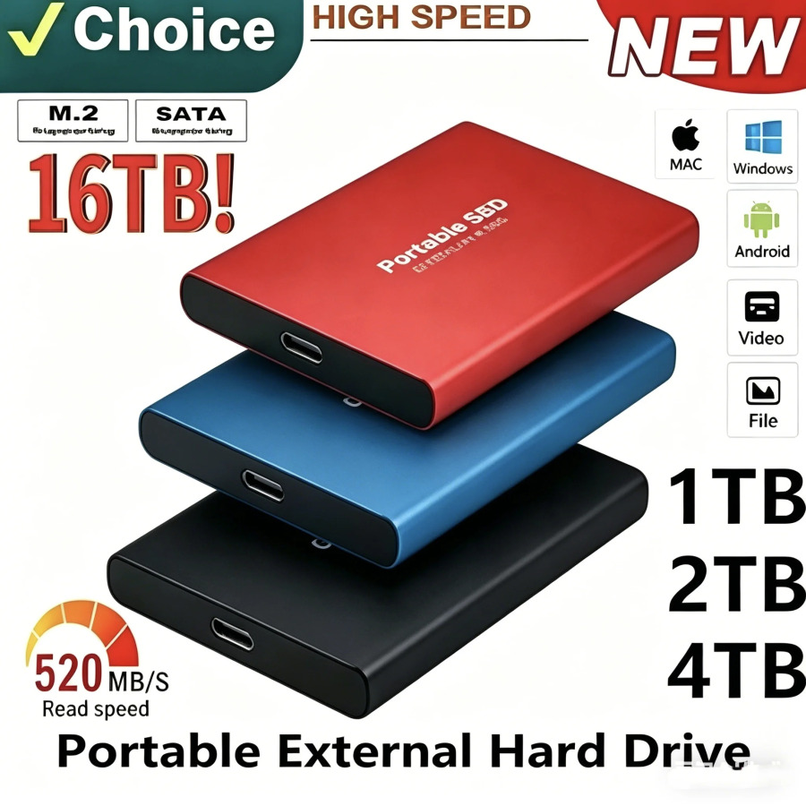 4TB tashqi qattiq disk, 8TB portativ SSD, tashqi SSD, katta xotira, kompyuter/Mac/telefon uchun yuqori tezlikda saqlash