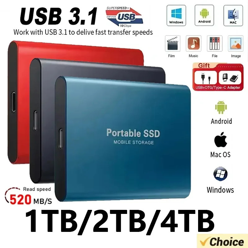 Новый внешний жесткий диск 2 ТБ Портативный SSD 4 ТБ Высокоскоростной жесткий диск 128 ТБ Массовый мобильный твердотельный накопитель USB3.1 для ноутбуков/ПК/MAC