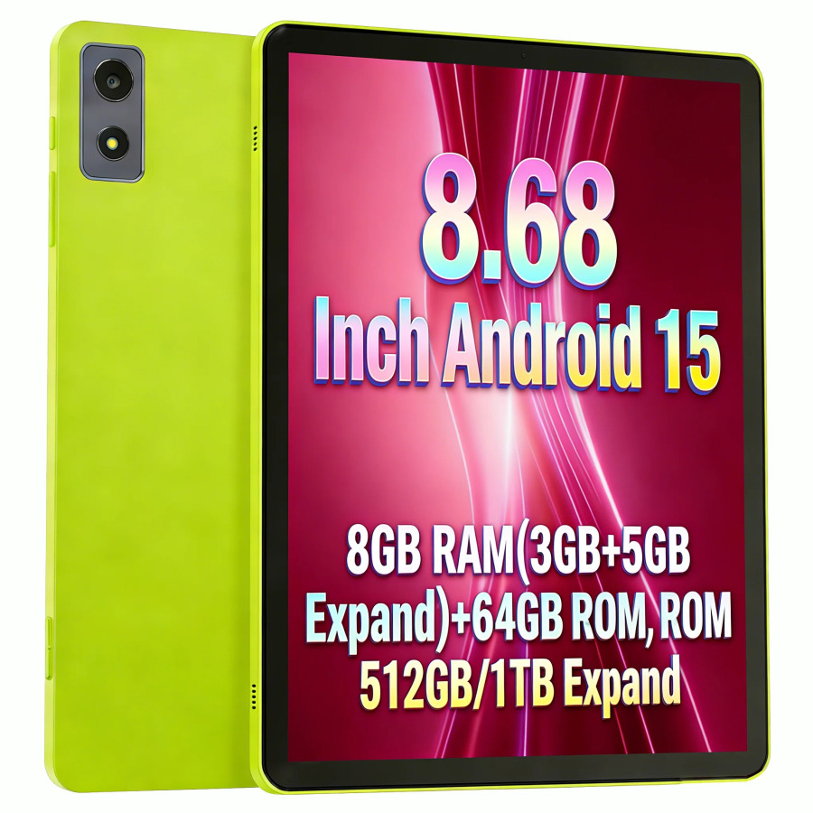 Планшет 8.68 дюймов, Android 15, HD IPS сенсорный экран, 8 ГБ ОЗУ, 64 ГБ ПЗУ, Wi-Fi, Bluetooth, двойные камеры, GMS, Google Play, образовательный планшет