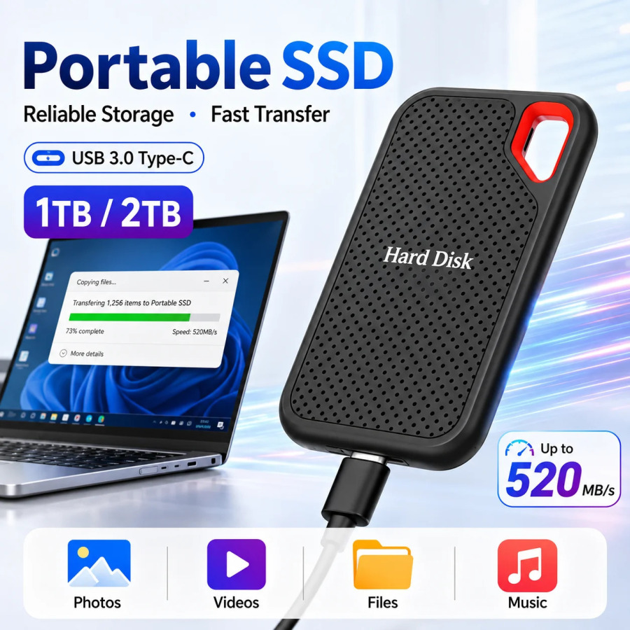 Внешний жесткий диск USB-C для мобильного хранения данных, документов, музыки и фильмов, с функцией передачи данных
