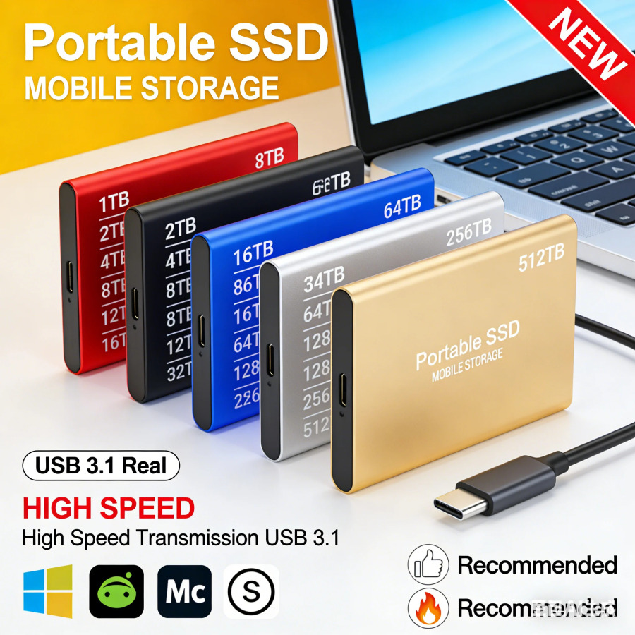 Внешний жесткий диск 1 ТБ, портативный SSD 2 ТБ, внешний твердотельный накопитель USB 3.2 Type-C, высокоскоростное хранилище для ПК, Mac, телефона
