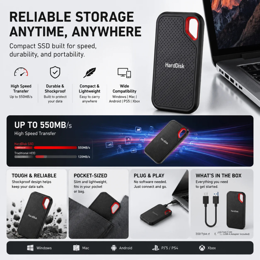 Noutbuklar, shaxsiy kompyuterlar va MacBooklar uchun tashqi SSD 1TB 2TB Type-C portativ diski