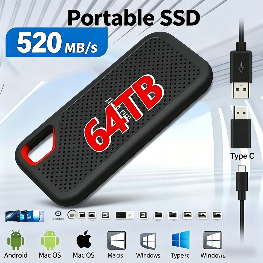 Tashqi SSD 1TB - 16TB USB 3.1 Type-C, portativ, barcha turdagi qattiq disklar bilan mos keladi