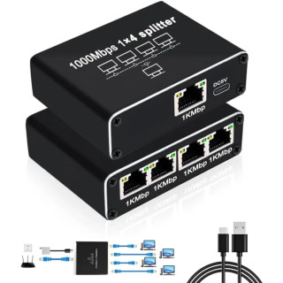 LAN uchun USB quvvat kabeli bilan yuqori tezlikda Ethernet Splitter 1-4 Gigabit Internet Tarmoq Distribyutori RJ45 черный