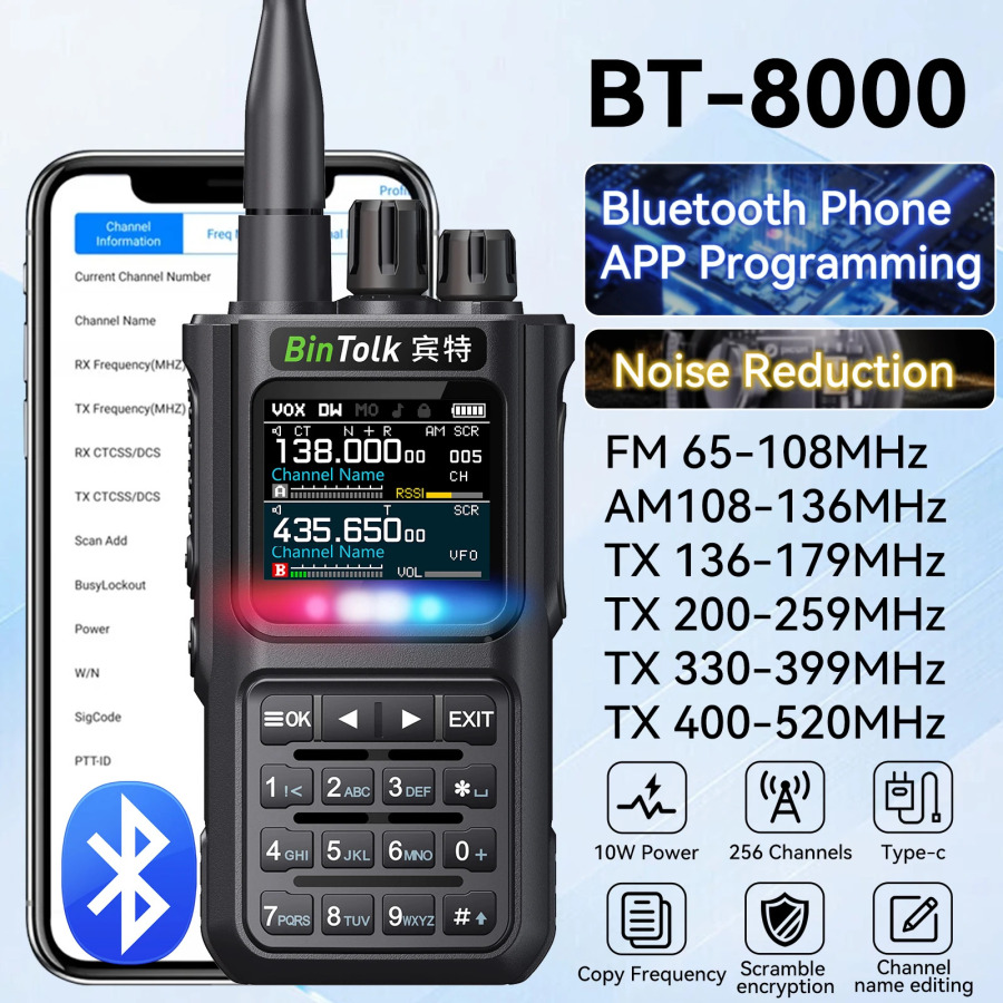 BinTolk BT8000 Walkie Talkie 10 Vt to'liq diapazonli simsiz dasturlashtiriladigan Bluetooth shovqinni bekor qilish xususiyatlari va Type-C Porta zaryadlash