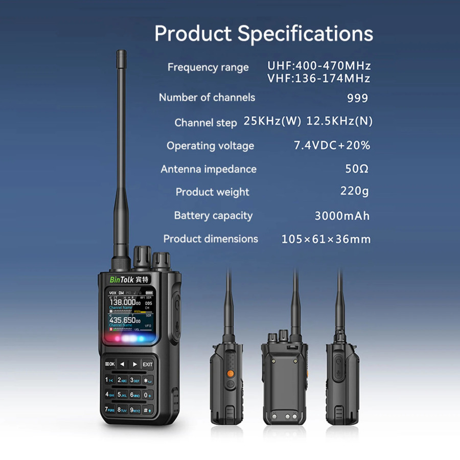 BinTolk BT8000 Walkie Talkie 10 Vt to'liq diapazonli simsiz dasturlashtiriladigan Bluetooth shovqinni bekor qilish xususiyatlari va Type-C Porta zaryadlash