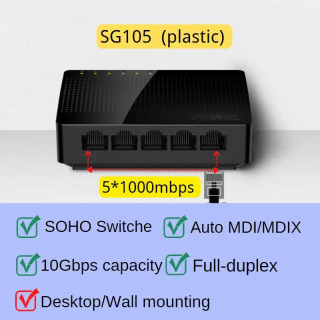 Коммутатор Tenda 5-портовый, Full Gigabit, 1000 Мбит/с, интеллектуальный, для настольного использования, Fast Ethernet, для камер видеонаблюдения черный