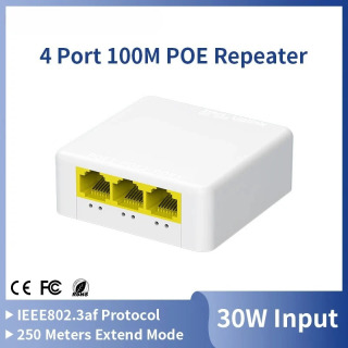 3-portli PoE Extender 100M, tarmoqni takrorlash moslamasi 100M IEEE802.3af/at, PoE kalitlari uchun Plug&Play, NVR, IP kameralar, kirish nuqtalari Бежевый