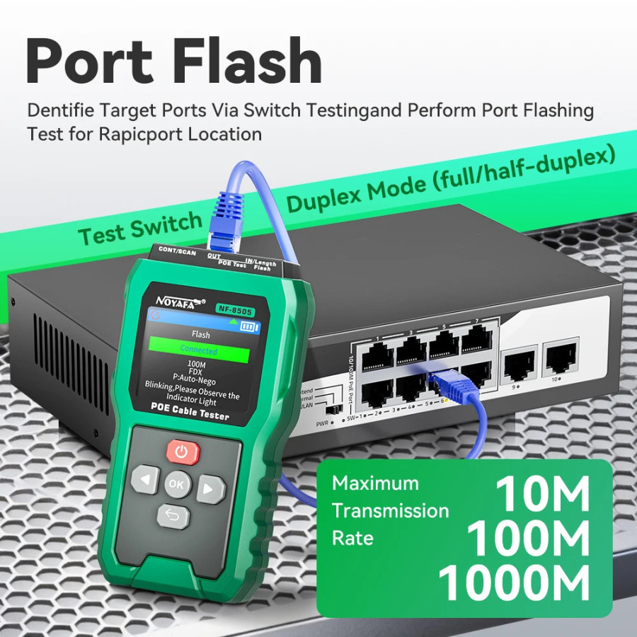 NOYAFA NF-8505 tarmoq kabeli sinov qurilmasi, PoE Ethernet kabeli izlagichi, PoE kuchlanish va quvvatni tekshirgich, nosozlik masofasini oʻlchagich