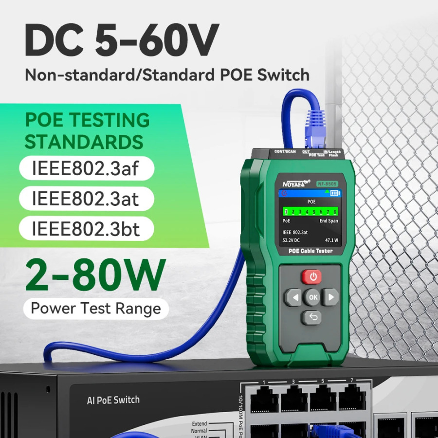 NOYAFA NF-8505 tarmoq kabeli sinov qurilmasi, PoE Ethernet kabeli izlagichi, PoE kuchlanish va quvvatni tekshirgich, nosozlik masofasini oʻlchagich