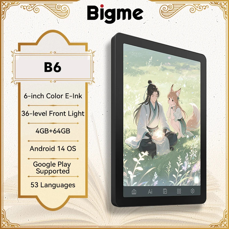 Bigme B6 E-Book Reader 6 dyuymli E-Ink E-Book Reader 36-darajali old yorugʻlik oʻrnatilgan Android 14 Google Play OS 4+64GB Reader