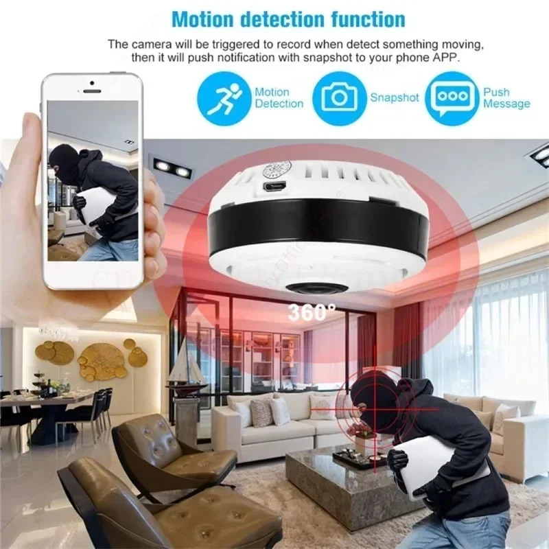 Kichkina Wi-Fi kuzatuv kamerasi 360° panoramali koʻrinish ikki tomonlama ovozli IP video kameralar 2MP CCTV kamerasi uy xavfsizlik kamerasi