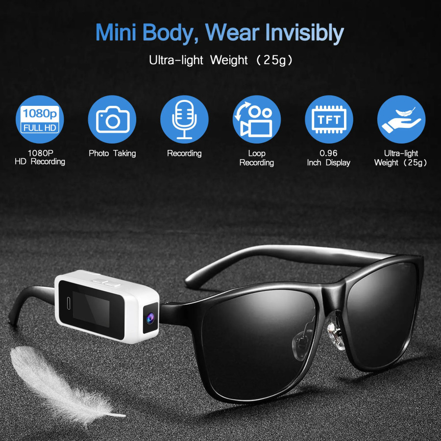 YANGI koʻzoynak taqiladigan mini choʻntak kamerasi 1080P portativ DVR tana kamerasi mini ekranli bosh oʻrnatish kamerasi