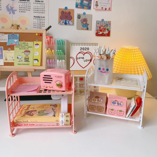 Ikki qavatli ish stoli organizator javoni Ofis maktab anjomlari stoli ish yuritish buyumlari uy yotoqxonasida katlanadigan kosmetik ushlagich tokchalari tokchasi