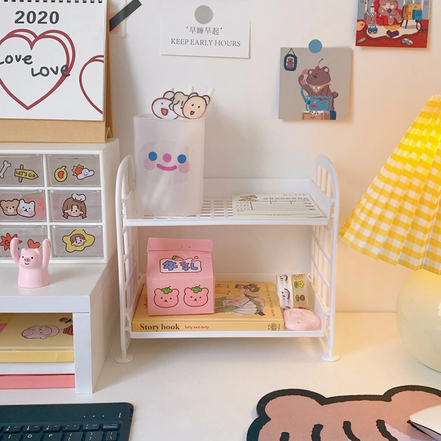 Ikki qavatli ish stoli organizator javoni Ofis maktab anjomlari stoli ish yuritish buyumlari uy yotoqxonasida katlanadigan kosmetik ushlagich tokchalari tokchasi