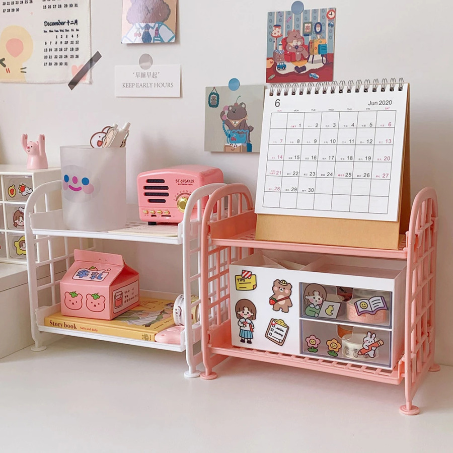 Ikki qavatli ish stoli organizator javoni Ofis maktab anjomlari stoli ish yuritish buyumlari uy yotoqxonasida katlanadigan kosmetik ushlagich tokchalari tokchasi