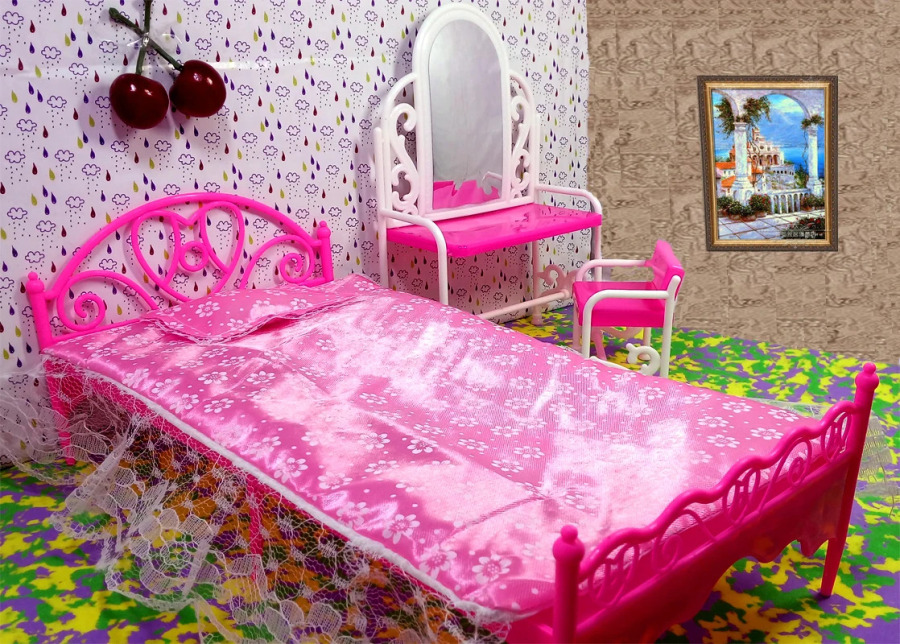 Аксессуары для кукол, игрушки для девочек, игровой домик, игрушки, большая кровать и комод, туалетный столик со стульями, мебель для кукольного дома для куклы Барби
