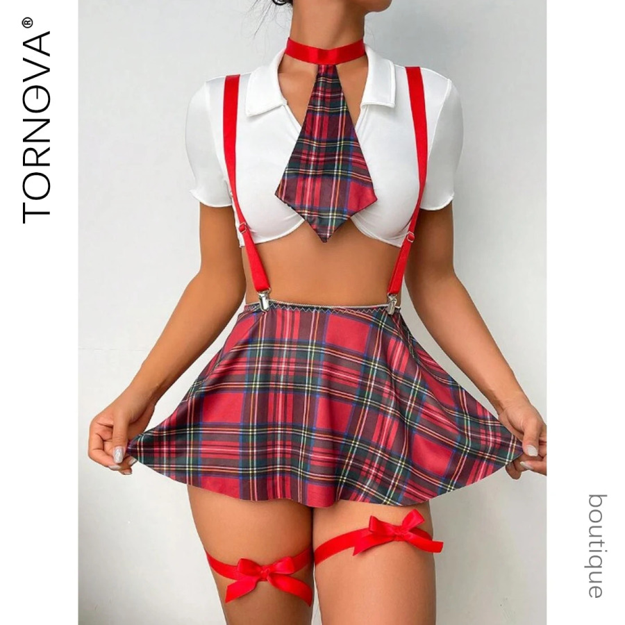 Ayollar uchun sexy ichki kiyim uniforma kostyumi seksi ayollar ekoseli kamon spagetti yubka JK galstuk seks kostyumi ichki kiyim rol o'ynash uniforma kostyumi
