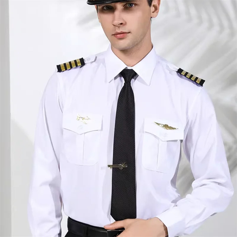 Kapitan kostyumi: Erkaklar oq ko'ylak Tungi klub formasi ofitserlar uchun aviatsiya uchuvchi kostyumi Cosplay shousi