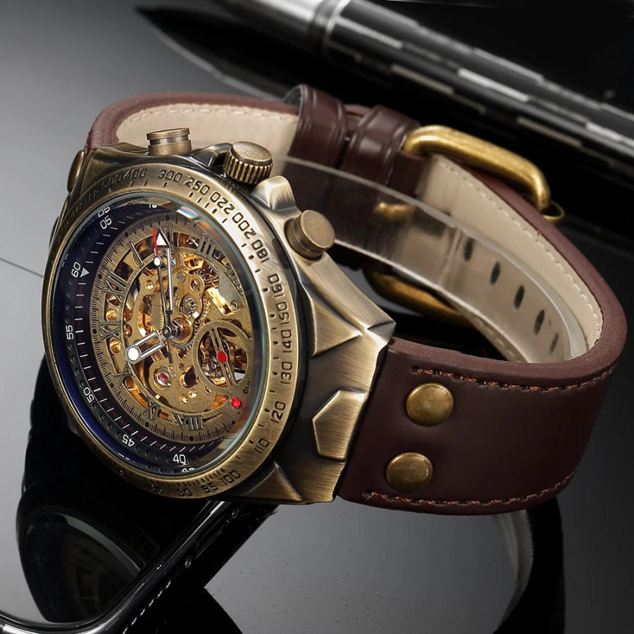 Часы наручные мужские автоматические, водонепроницаемые механические ретро-часы с ремешком из натуральной кожи
