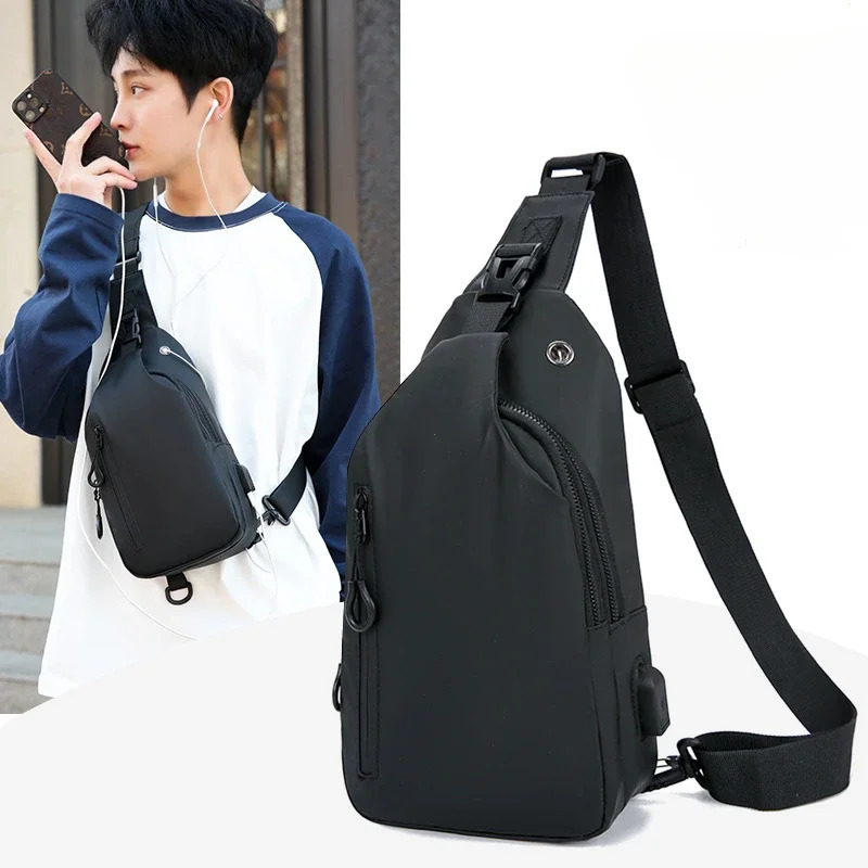 Erkaklar sumkasi Moda yangi tekis rangli erkaklar ko'krak sumkasi Ochiq kundalik moda bir yelkali crossbody sumkasi Neylon USB zaryadlovchi elkama-sumkalari