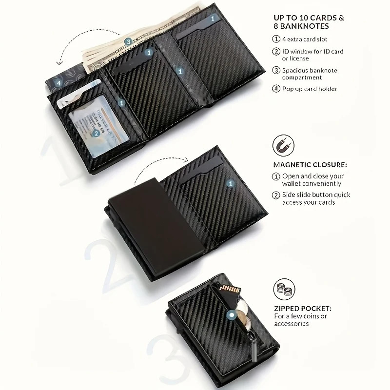 Erkaklar uchun fermuarli hamyon tanga hamyoni avtomatik ochiladigan metall kredit karta ushlagichi Minimalist RFID blokirovka qiluvchi biznes karta hamyoni g'oyasi