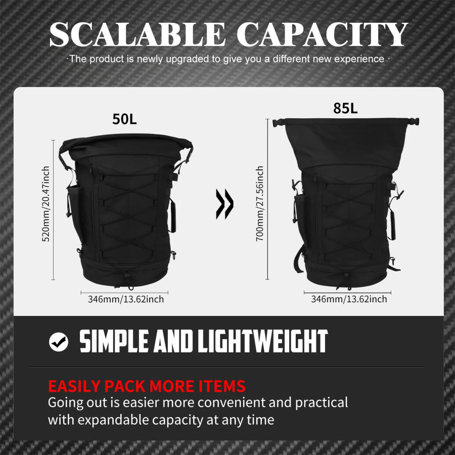 Mototsikl ryukzaki 50L-85L Sissy Bar ryukzaki koʻp mototsikllar uchun kengayadigan bagaj sumkasi universal