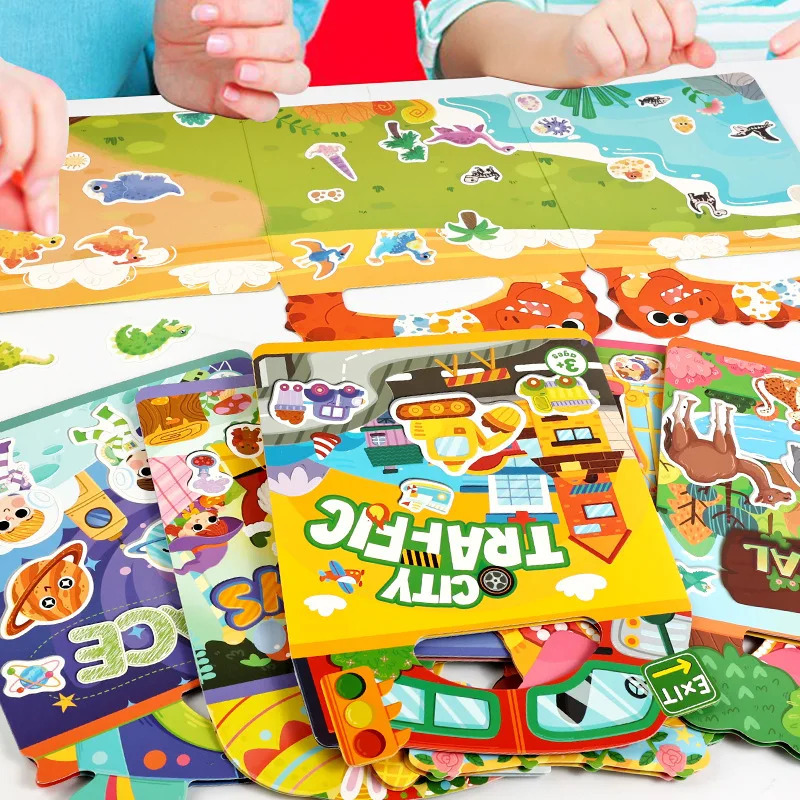 Bolalar uchun o'z-o'zidan qayta foydalanish mumkin bo'lgan stikerlar kitoblar Ko'p mavzuli stiker qabariqli jele pastasi o'yinchoq stikerlari Montessori o'yinchoqlari 3-6 yoshlilar uchun sovg'alar