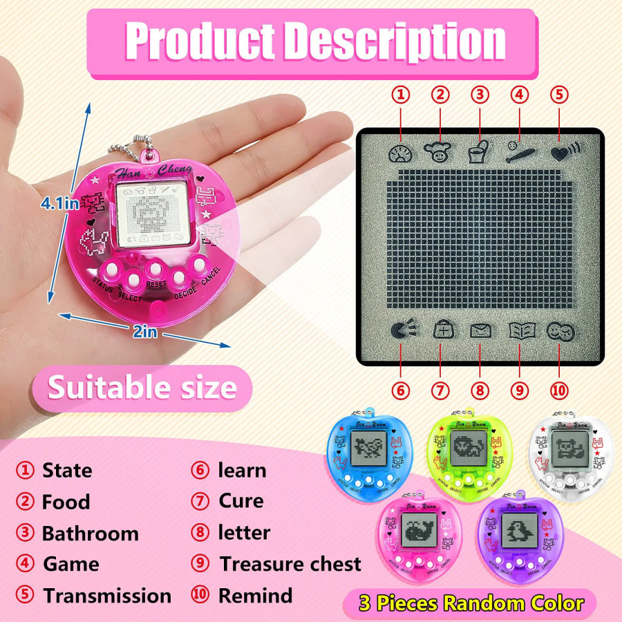 Tamagotchi uslubidagi elektron o'yin: virtual uy hayvonlari, qo'l konsoli, ko'p tilli o'yinchoq