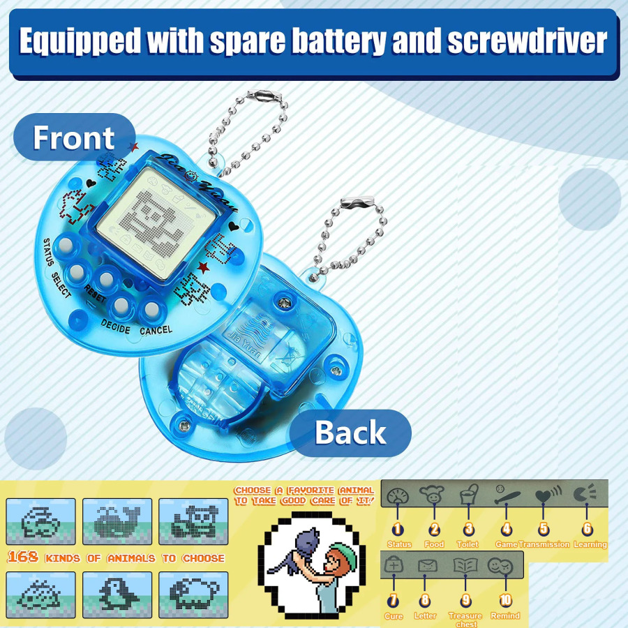 Tamagotchi uslubidagi elektron o'yin: virtual uy hayvonlari, qo'l konsoli, ko'p tilli o'yinchoq
