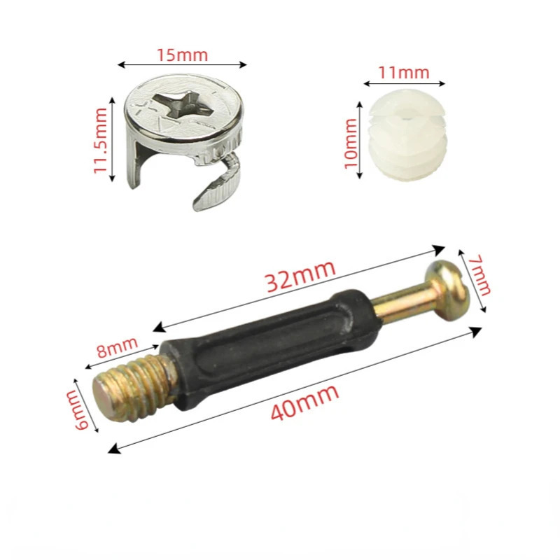 10 komplekt mebel vintlari 3 ning 1 tasi birlashtiruvchi murvatning yon tomonidagi ulanishi 15x12 mm. Oldindan o'rnatilgan gayka