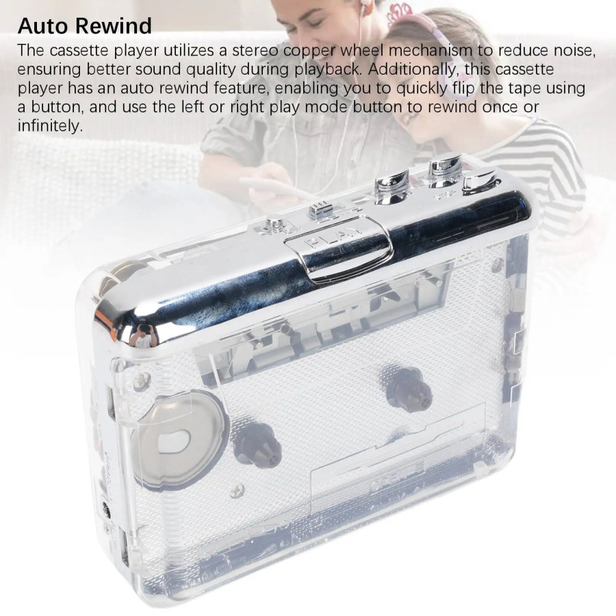 Ixcham portativ kassetali pleer/magnitofon stereo ovozli, avtomatik orqaga oʻgiruvchi, ABS plastmassadan tayyorlangan, akkumulyatorli, tashqi makon uchun
