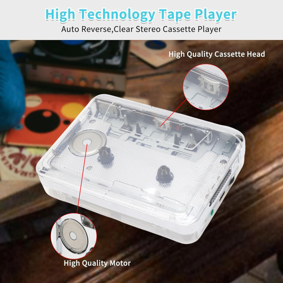 Ixcham portativ kassetali pleer/magnitofon stereo ovozli, avtomatik orqaga oʻgiruvchi, ABS plastmassadan tayyorlangan, akkumulyatorli, tashqi makon uchun