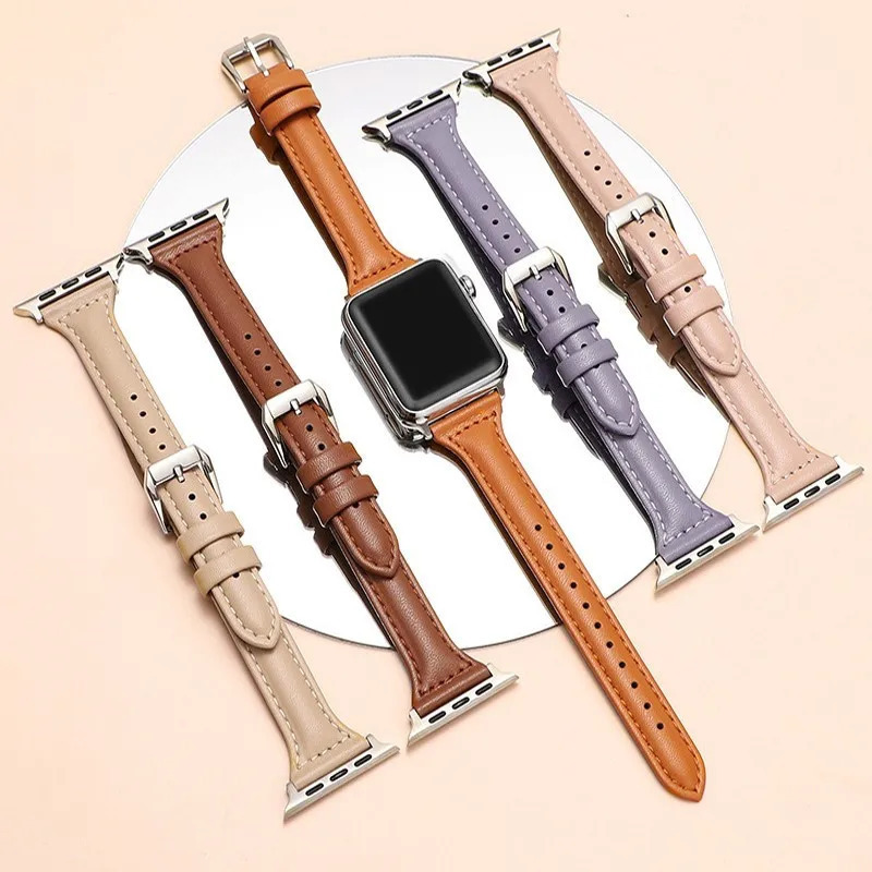 Тонкий кожаный ремешок для Apple Watch 44 мм, 45 мм, 41 мм, 40 мм, 38 мм, женский браслет iWatch серии 9 8 7 6 5 4 3 SE Ultra 2 49 мм