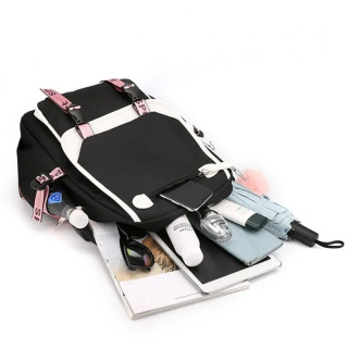 O'smir qizlar uchun katta maktab sumkalari USB portli kanvas maktab sumkasi O'smirlar uchun moda qora pushti maktab sumkasi