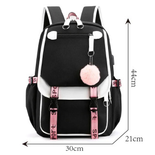 O'smir qizlar uchun katta maktab sumkalari USB portli kanvas maktab sumkasi O'smirlar uchun moda qora pushti maktab sumkasi