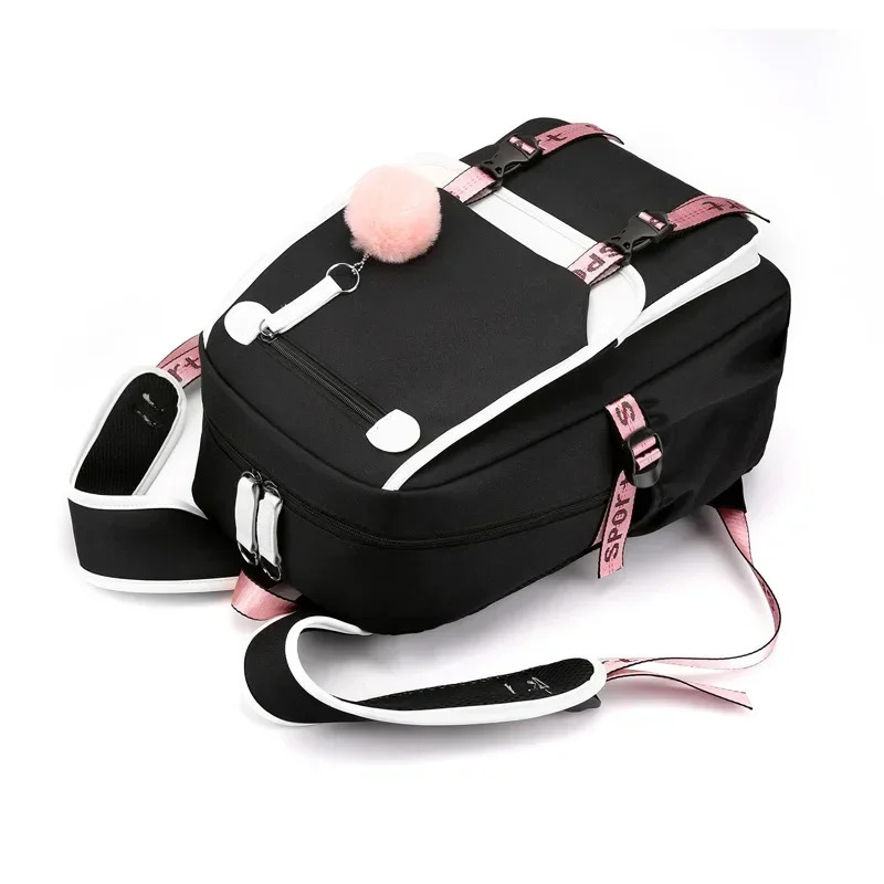 O'smir qizlar uchun katta maktab sumkalari USB portli kanvas maktab sumkasi O'smirlar uchun moda qora pushti maktab sumkasi