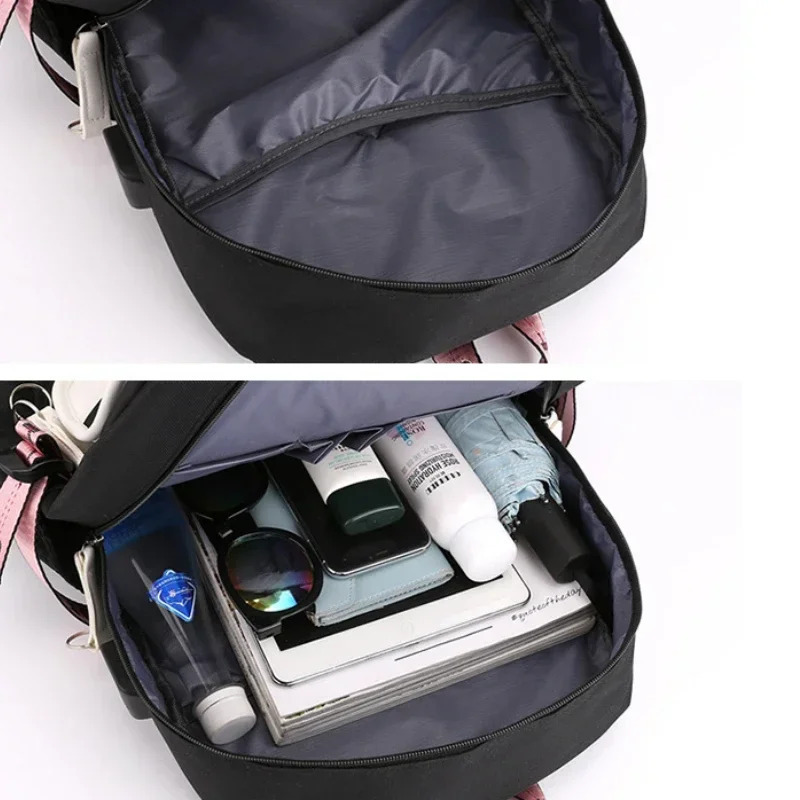 O'smir qizlar uchun katta maktab sumkalari USB portli kanvas maktab sumkasi O'smirlar uchun moda qora pushti maktab sumkasi