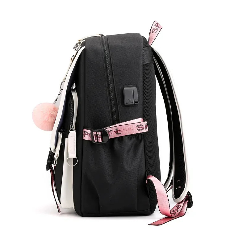 O'smir qizlar uchun katta maktab sumkalari USB portli kanvas maktab sumkasi O'smirlar uchun moda qora pushti maktab sumkasi