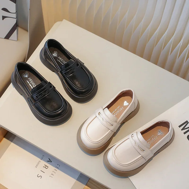 Qalin taglikli bolalar charm poyabzallari, maktab qizlari uchun moda loafers, slip-on, malika tuflilari, qora, bahor-kuz