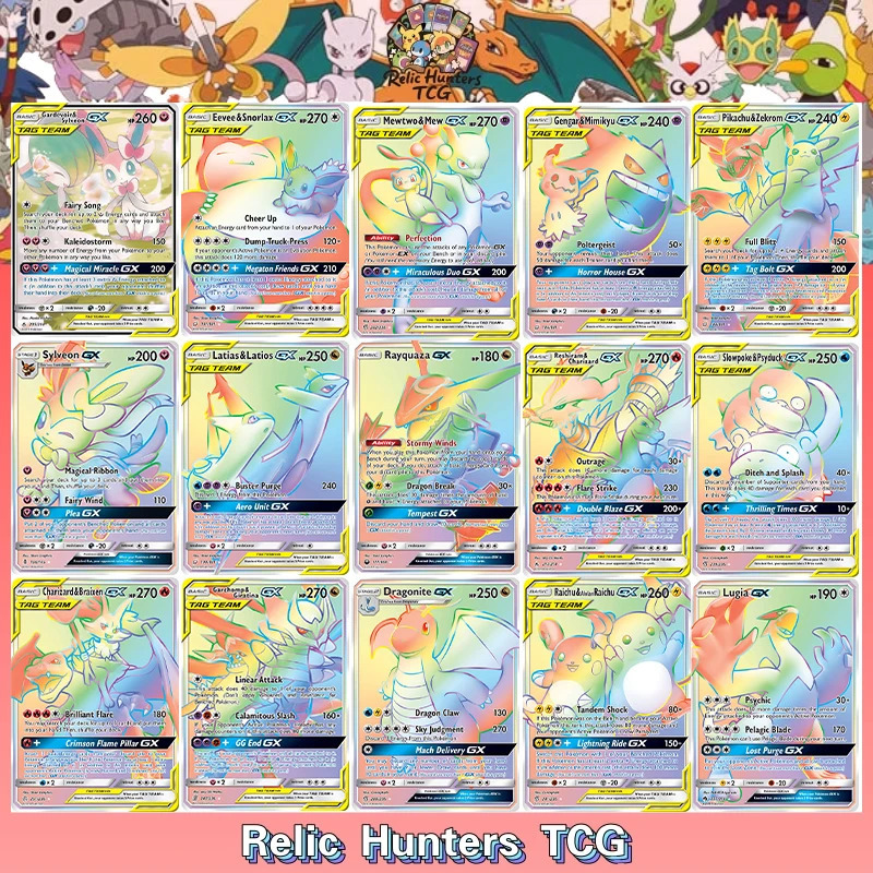 PKM HoloFoil Card GX pikac Rayquaza Sylveon Charizard va boshqalar Xobbi kolleksiyasi O'yinlar to'plami Anime kartalari inglizcha nashri