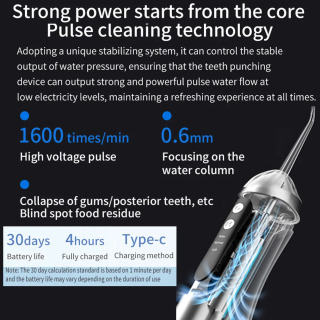 Oral Irrigator 3 tozalash rejimi Portativ qayta zaryadlanuvchi suv o'tkazmaydigan IP65 Tish Irrigatori Tishlarni oqartiruvchi Jet Floss 200ml