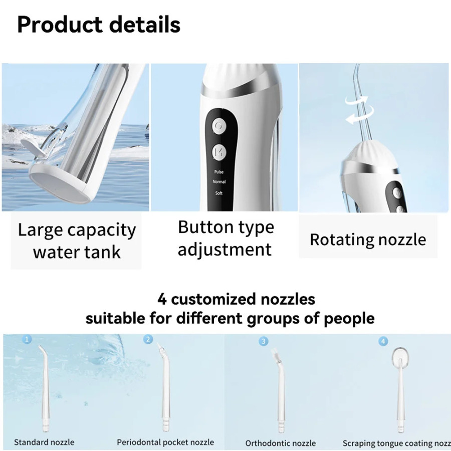 Oral Irrigator 3 tozalash rejimi Portativ qayta zaryadlanuvchi suv o'tkazmaydigan IP65 Tish Irrigatori Tishlarni oqartiruvchi Jet Floss 200ml