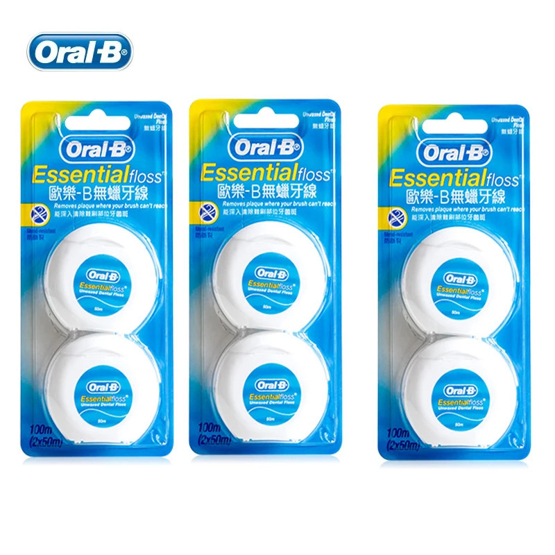 Oral B Essential Floss, tish go'shtini parvarish qilish uchun qulay bo'lmagan mumli tish ipi, tekis ipli tishlararo toza ip, 50m / dona.
